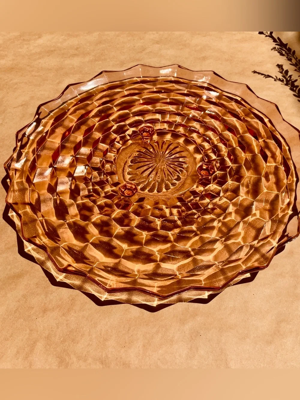 Vintage ❉ Art Deco Cube Cubist Serving Dish Platter in Pink Depression Glass